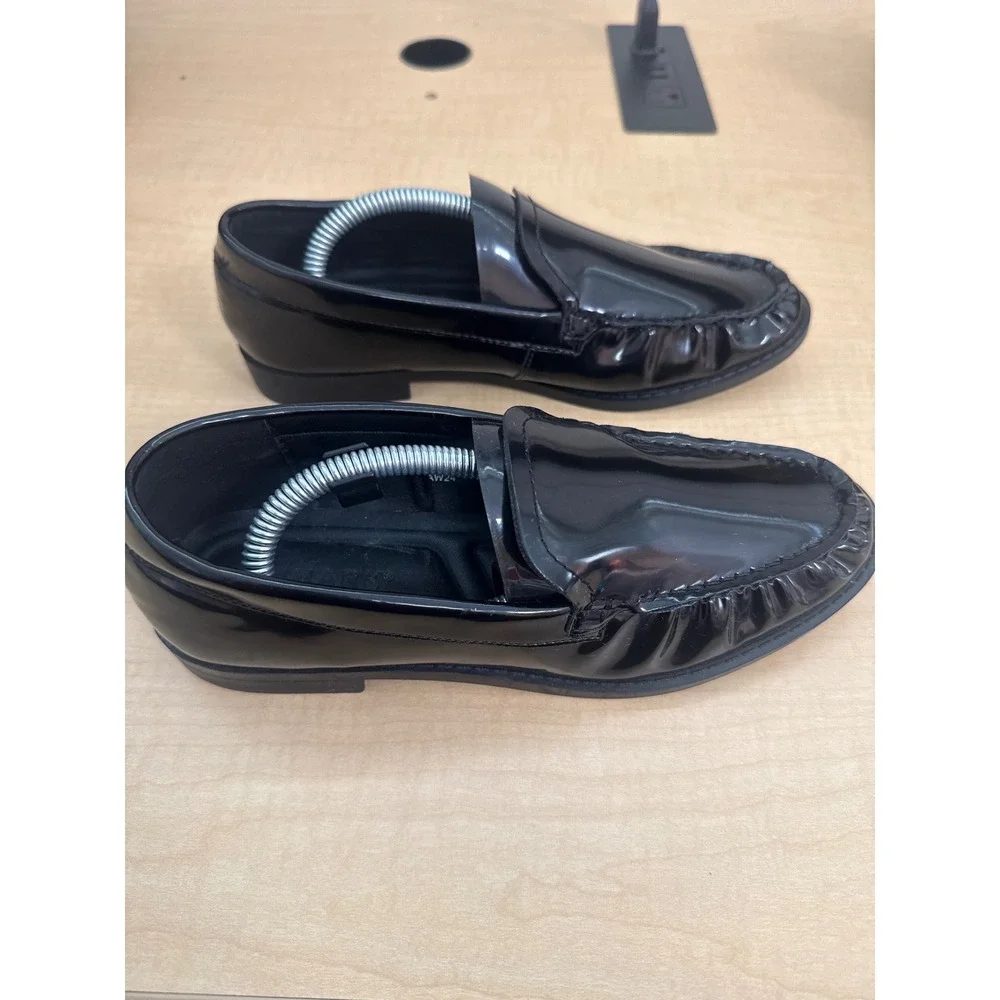 Primark Womens Black Patent Ruffle Toe Loafers Slip On Flats Size 6